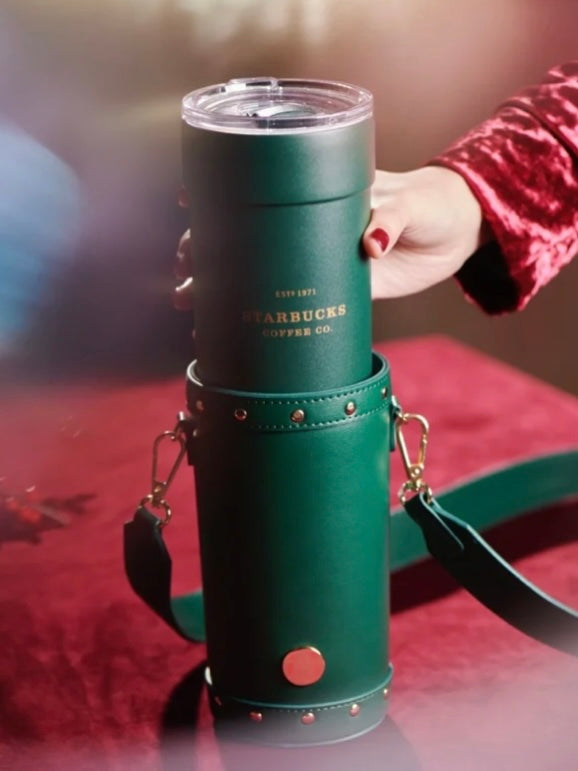 Starbucks China - Christmas 2021 - 84. Christmas Green Stainless Steel ToGo Tumbler 770ml + Gold Rivet Bottle Carrier