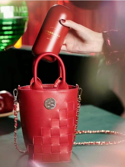 Starbucks China - Christmas 2021 - 73. Christmas Red Stainless Steel Capsule-Shape Bottle 220ml + Weave Crossbody Bag