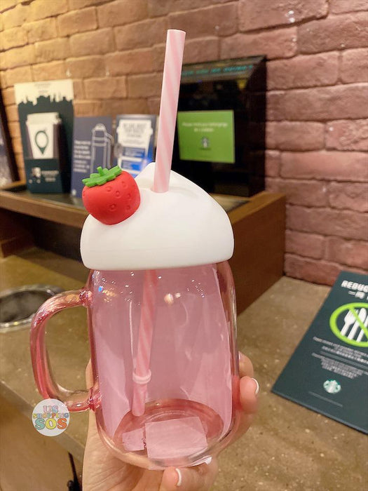 Starbucks Hong Kong - Flavorful Summer Fun - 12oz Strawberry Whipped Cream Glass Mug with Candy Cane Straw