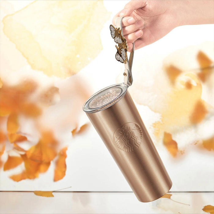 Starbucks China - Ginkgo 2022 - 2. Dull Gold Stainless Steel Cup with Ginkgo Wristlet Lid 473ml