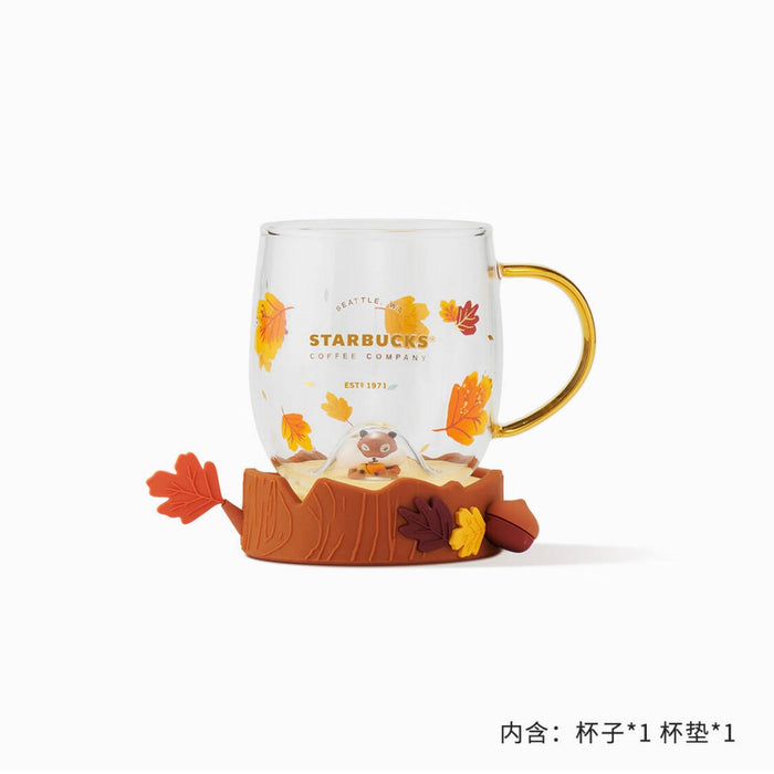 Starbucks China - Autumn Forest 2022 - 3. Chipmunk Coaster + Falling Leaves Glass Cup 480ml