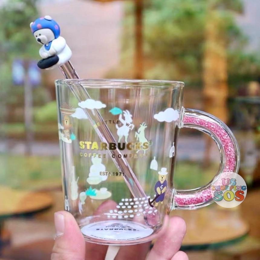 New Starbucks Pink Sakura Color-changing Glass Coffee Mug Cup with Flower  Stick 