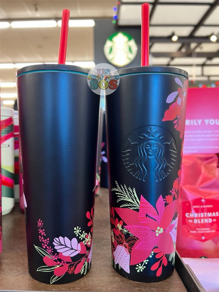 Starbucks USA - Winter 2021 Poinsettia Black Stainless Steel Cold Cup 16oz